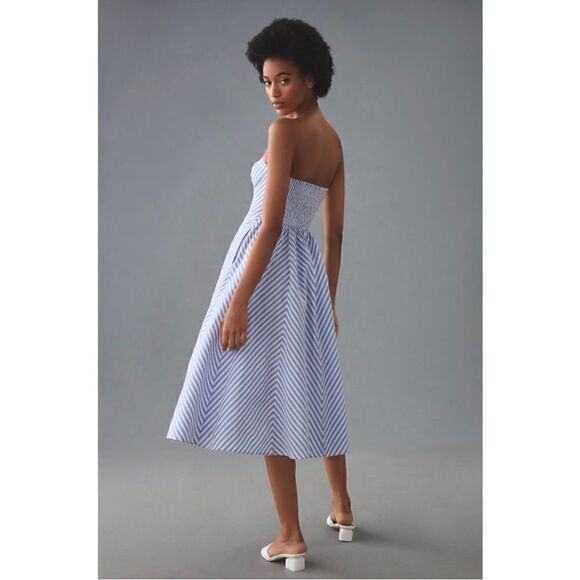 NEW Anthropologie Maeve Blue Chevron Striped Strapless A-Line Dress Medium - Picture 2 of 7